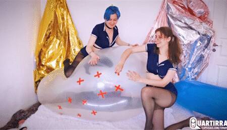 Q965 Cosette pierces Stashia's huge balloon many times till it pops - 1080p