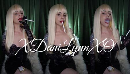 Sexy Blonde Smoking In Lace Gloves and Sexy Dress