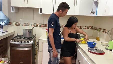 I fuck my stepdad in the kitchen when my stepmom is in the living room