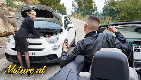 Classy Granny Lucia Kury Has Some Trouble With Her Car But Gets Help From a Young Spanish Lad