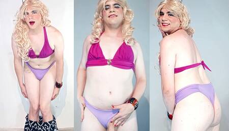 Crossdresser Striptease and Touching Herself in Purple Bikini