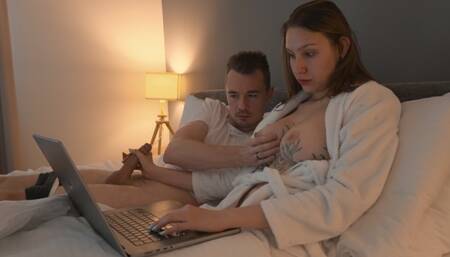 Step mom helps to cum step son in share bed with hand job and shaved pussy, but can't...