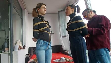 Sofi and Sally_Bondage in jeans and black sweatshirts with jute ropes_Tel_Part 1