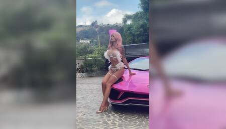 Summer Soderstrom pink wig car lingerie