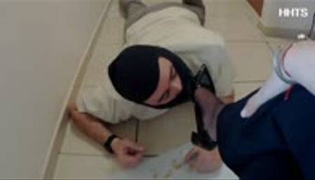 Goddess Evy prepares the slave a breakfast with her designer heels!