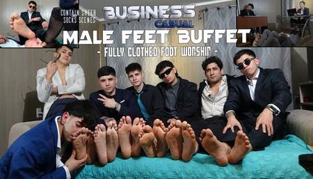 Alpha after office Buffet - Heteros in suits and sheer socks dominating with their feet in socks and barefoot