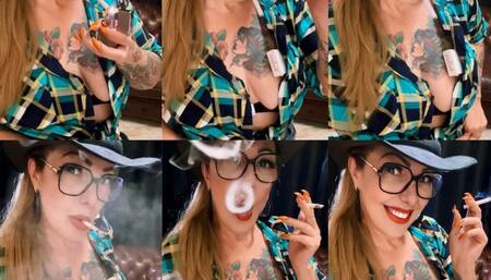 Custom - Marlboro Gold - Cowgirl smoking for her Cowboy - Puffs in your face, Deep Inhales, Multiple pumps, Nose exhales, Smoke rings, Crush, Hat, Plaid shirt, Jeans, Leather boots, Bra, Red lipstick, Long nails