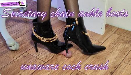 Secretary at work in black patent ankle boots with golden chain: unaware cock crush shoejob HD