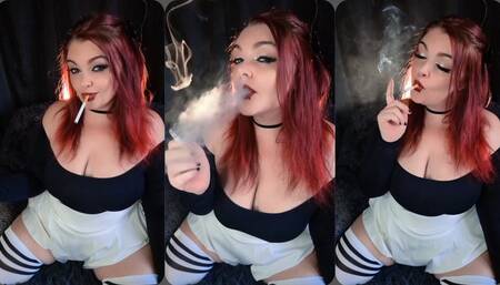 Smoking a Marlboro in a white skirt and thigh highs