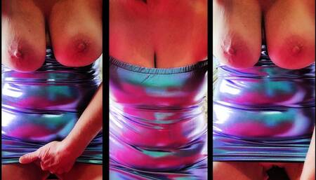 Sexy Purple-Blue Metallic Latex Dress Masturbation