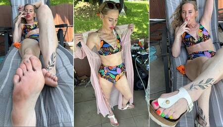 Smoking a Marlboro 100 on my way to the pool in bikini and Birkenstock sandals