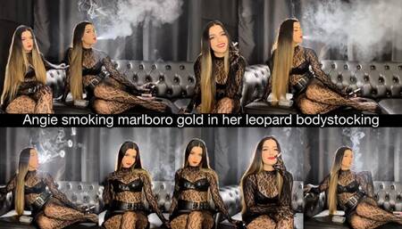 Angie smoking Marlboro Gold in her leopard bodystocking