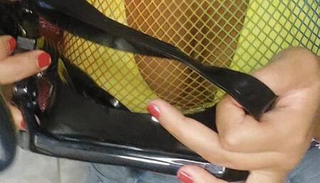 Wet jeans shower, snorkel gear mask, brushing hair