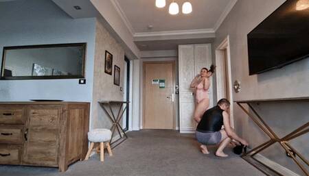 Slave gets his balls busted by jealous domme + attic time