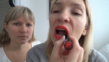 red lipstick kisses all over face li