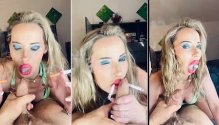 Smokey blow job while smoking 2 Marlboro 100 at once with cum shot in my face and hair