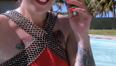 Red Marlboro 100s - Smoking in a prohibited area, at the hotel pool - Puffs in your face, Deep Inhales, Multiple pumps, Puffs, Swimsuit, Red lipstick, Long red nails, Tied up hair, Sunglasses