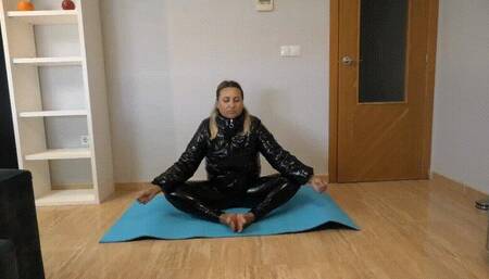Yoga in a latex down jacket and leggings ORDER