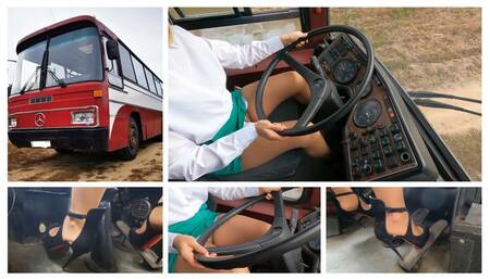 PREMIERE: Sexy girl drives Mercedes bus in Christian Louboutin high heels AGAIN