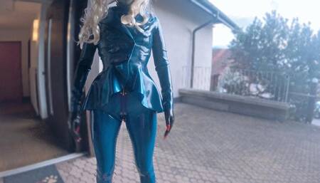 Blue Latex Doll in Ass Shaping Leggings, Public Masturbation, and Pierced Dick Sucking on Balcony - Part 2