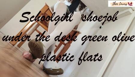 Schoolgirl shoejob while doing homework under desk in olive green plastic ballet flats