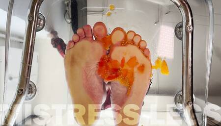 Squeezing cherry tomatoes with bare feet POV on your face (MP4 4K)