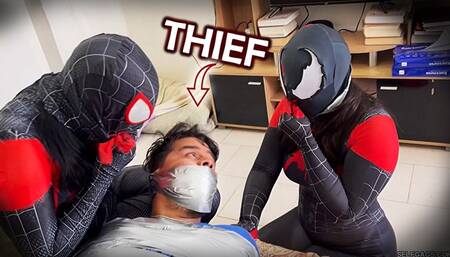 Thief Mummified By Tape Gag Loving Spider-Girls! (low res mp4)