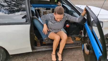 Katherine driving pedal pumping and revving the old chevette