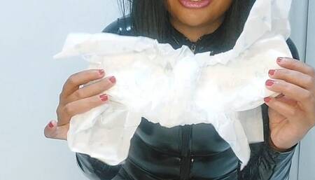 Tearing off diapers and spitting on it dressed in latex