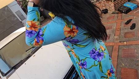 Balbina fantasy cranking on pantyhose and sexy blue heels in the old chevette