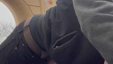 Public rubbing dick on Asian soles