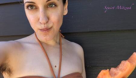 Bella Eats Juicy Cantaloupe By The Pool