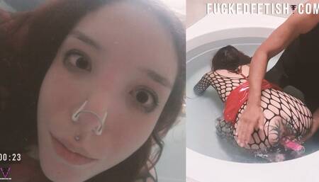 Slut slim training underwater Apnea erotica red dress bathtub