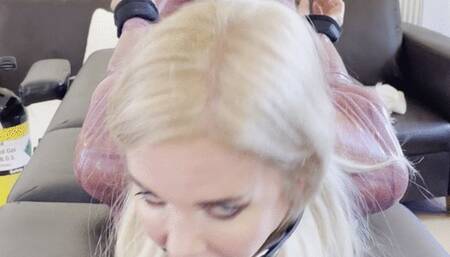 hog tied bondage struggle in latex rubber catsuit ball gag drool