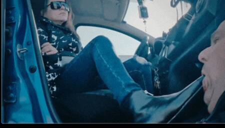 Domination and licking of heels and boots in the car