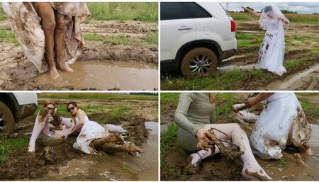 PREMIERE: Sexy bride gets her car stuck in deep mud on her way to get married