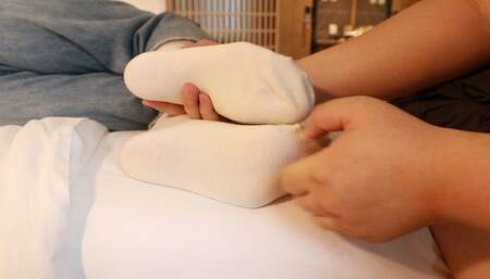 Chinese woman's smelly cotton socks feet are tickled