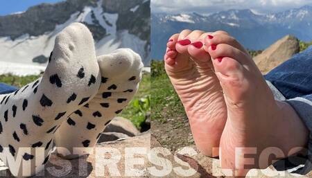 Foot teasing in white socks and barefoot on the top of the mountain (MP4 4K)