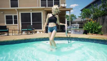 Hannah in the Pool Wearing a Sexy Jean Shorts Outfit