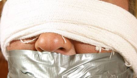 Gorgeous Flight Attendant Courtney Squirming Around Her House Nude, Blindfolded and Massively Gagged! *New Old Stock*