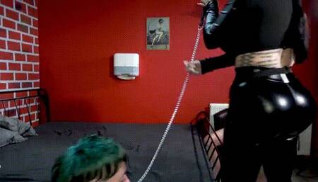 Petplay plays with femdom before slave jerks off