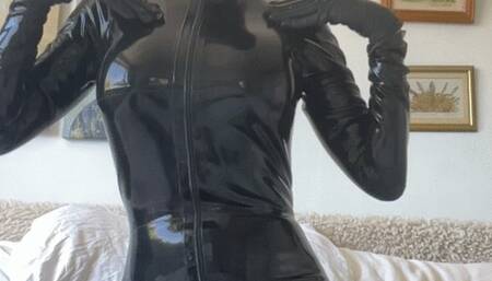 latex rubber catsuit and hood and gloves , butt plug and dildo tease