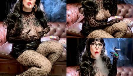 Smokin' hot brunette in sheer leopard bodystocking, high heels and vinyl