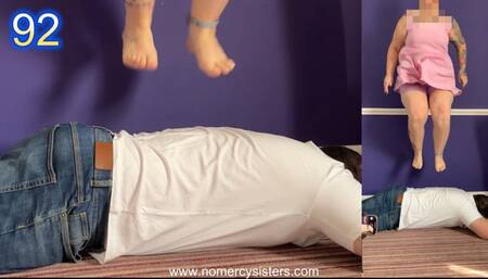 100 stomps and jumps from sisters on human rug