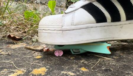 Giantess tries to crush tiny person and car in her Adidas sneakers