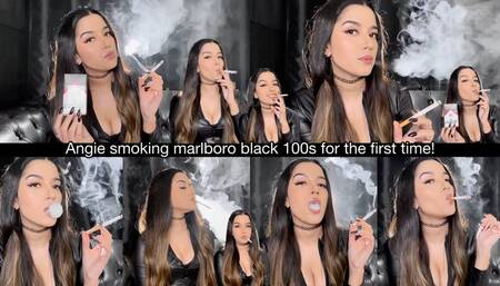 Angie smoking marlboro black 100s for the first time!
