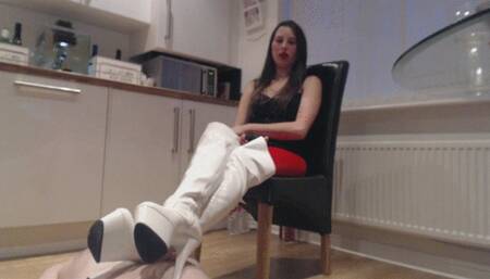 White Thigh High Boots- Human Footstool MP4