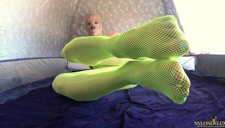 Neon Bodystocking Tease in Camp Tent