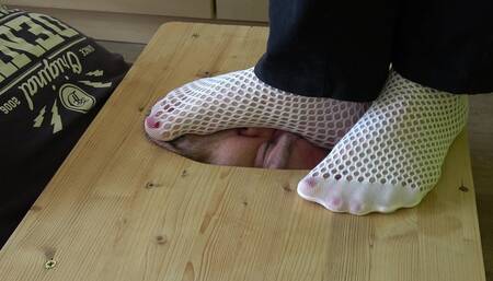 Stomping face in white socks and barefoot (facebox)