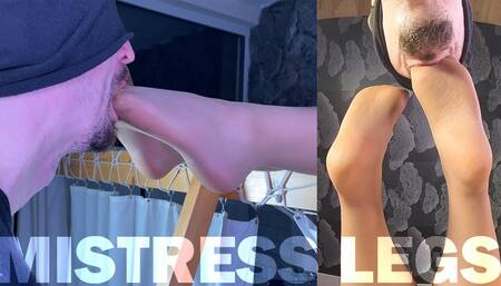 Foot slave licks and sucks Mistress's feet in lubricated flesh-colored pantyhose (MP4 HD)